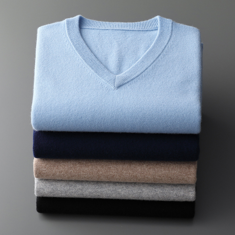Mens Fashion Jumpers - Cashmere Cotton Blend Classic V-neck Knitted
