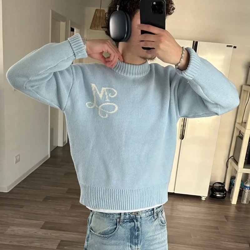 Y2K Harajuku Knit Sky Blue Swe - Mens Fashion Jumpers 评论和价格