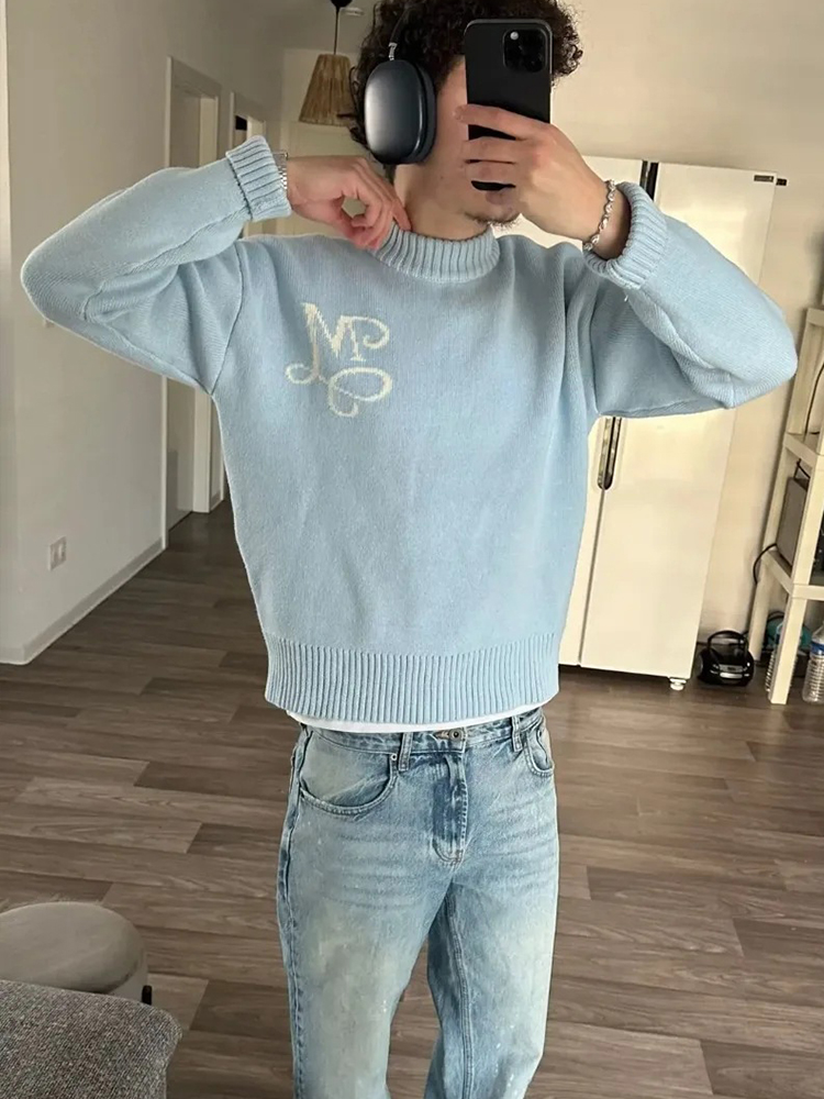 Y2K Harajuku Knit Sky Blue Swe - Mens Fashion Jumpers 评论和价格