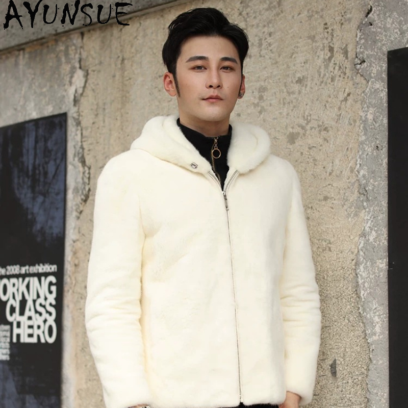 AYUSNUE Natural Mink Coat Men  - Men'S Fashion Zipper Hoodie 评论和价格